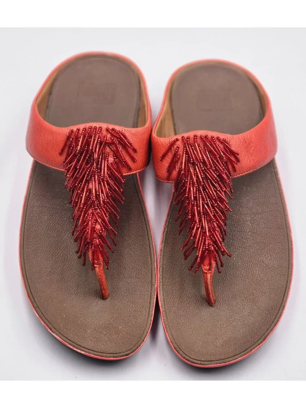 FitFlop Women's Orange Leather Cha Cha Beaded Fringe Thong Sandals Size 10 3341 - Picture 7 of 16